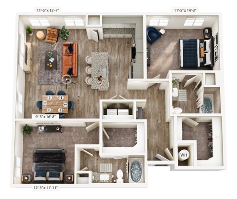 A floor plan of a two-bedroom apartment with dimensions.